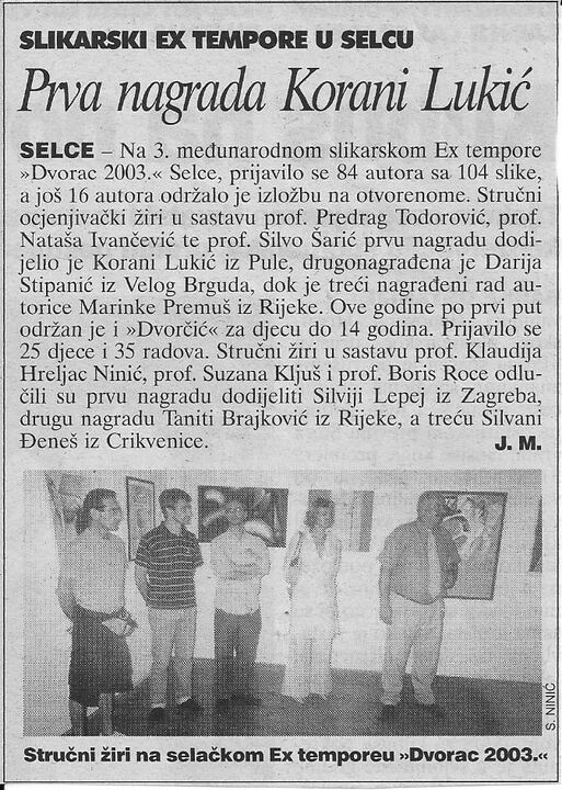 Novinski članak o prvoj nagradi na ex temporeu u Selcu